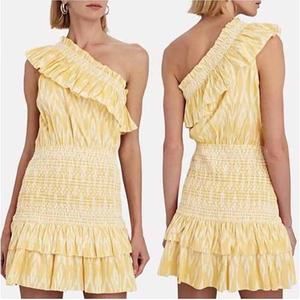 NWT Saylor Carren One-Shoulder Pull Over Smocked Ikat Cotton Mini Dress Yellow